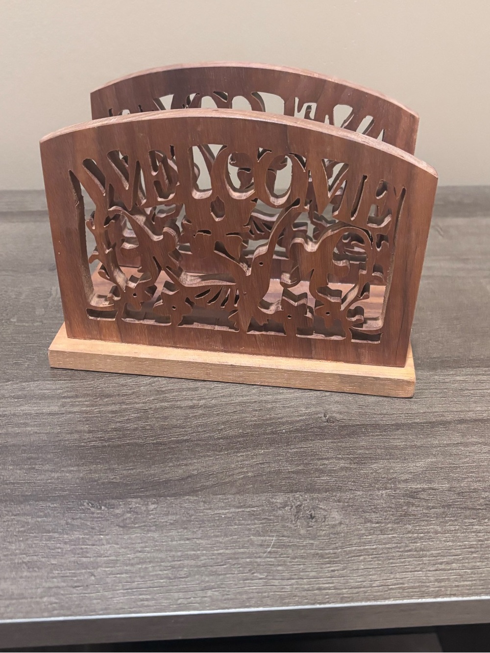 Carved Wood Napkin or Letter Holder in Warm Brown “Welcome”